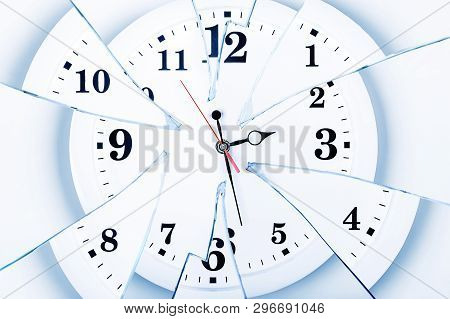 Clock With Broken Glass On A White Background. Chaos Time. Time Passing Concept. Frustration Time, P