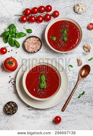 Traditional Spanish Cold Tomato Soup Gazpacho In A White Bowl On A Grey Stone Background. Traditiona