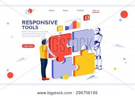 Flat Cyborg Idea, Interactive Engineer Image. Partnership Contact. Human Interaction. Banner Between