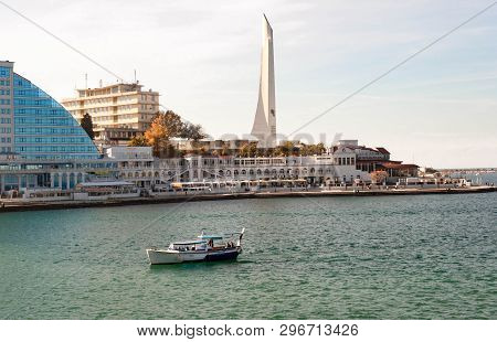 Sebastopol, Russia - September 18, 2014: Artillery Bay Of Black Sea, View Of Hero-city Obelisk On Ca