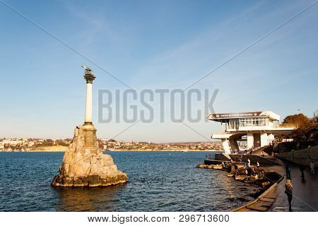 Sebastopol, Russia - November 4, 2018: Artillery Bay Of Black Sea, Monument To Flooded Ships View.