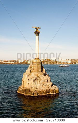Sebastopol, Russia - November 4, 2018: Artillery Bay Of Black Sea, Monument To Flooded Ships View.