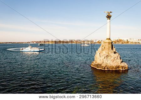 Sebastopol, Russia - November 4, 2018: Artillery Bay Of Black Sea, Monument To Flooded Ships View.