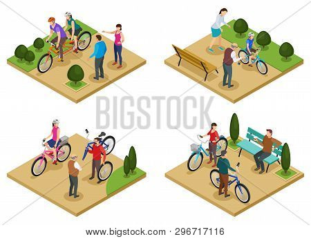 Summer Vacation 2x2 Design Concept Set Of Isometric Compositions With People Riding Bicycles In City
