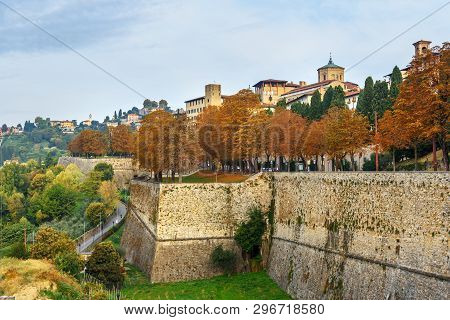 View Of Bergamo City With Platform Of Santa Grata Of Venetian Walls At Morning. Italy