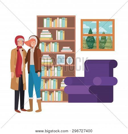 Couple Living Room With View The Landscape By Window Vector Illustration Desing