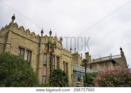 Famous Vorontsov Palace. Courtyard. Crimea. Cloudy Summer Day
