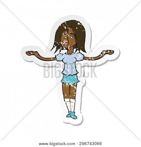 retro distressed sticker of a cartoon woman shrugging shoulders