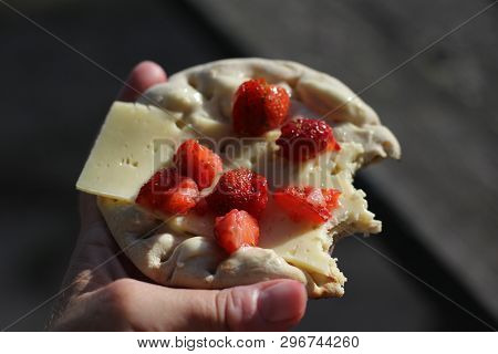 A Sandwich With Cheese And Strawberries. Summer Picknick Food.