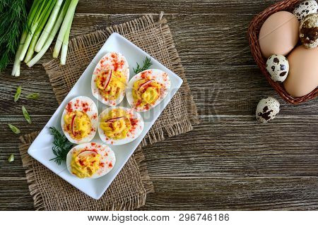 Deviled Eggs. Delicious Appetizer. Boiled Eggs Stuffed With Yolk, Mustard, Mayonnaise, Paprika. Clas