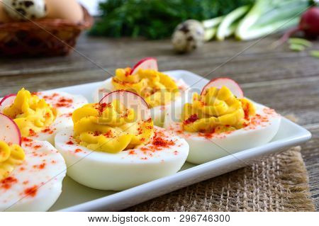 Deviled Eggs. Delicious Appetizer. Boiled Eggs Stuffed With Yolk, Mustard, Mayonnaise, Paprika. Clas