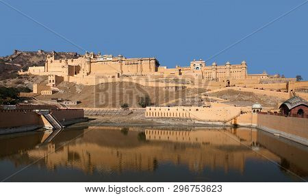 Panorama Of Famous Ancient Amer Fort In Rajasthan State, India. Located High On A Hill, It Is The Pr