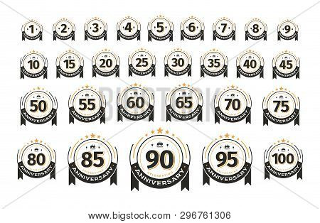 Vintage Badges Set Of Birthday Template. Collection Of Anniversary Circles Retro Isolated Vector Emb