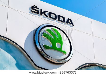 Samara, Russia - April 20, 2019: Skoda Dealership Sign. Skoda Auto Is An Automobile Manufacturer Bas