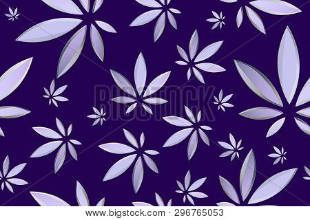 Marijuana Leaves Seamless Vector Pattern. Cannabis Plant Blue Background. Dense Vegetation Of Ganja.