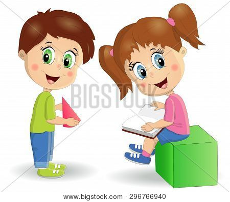 Children Build Tower With Blocks. Kids Play Using Kit With Bright Colored Cubes. Montessori Material