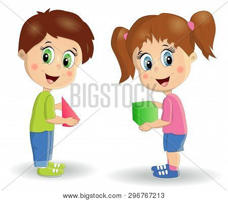 Children Build Tower With Blocks. Kids Play Using Kit With Bright Colored Cubes. Montessori Material