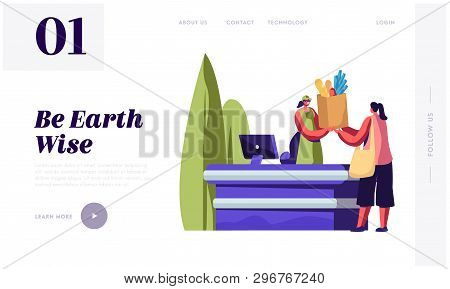 Woman Buying Food In Reusable Eco Packing In Store. Cashier Character Giving Friendly Paper Bag With