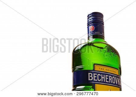 Chisinau, Moldova - April 21, 2019: Product Shot Of Czech Herbal Bitters Becherovka Bottle Isolated 