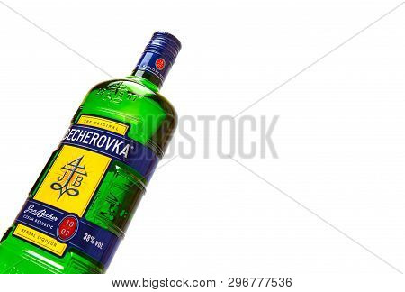 Chisinau, Moldova - April 21, 2019: Product Shot Of Czech Herbal Bitters Becherovka Bottle Isolated 
