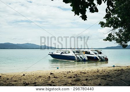 Two Speed Boats Waiting Passengers Near The Thailand Beach In A Bright Wonderful Day.  Little Bit Cl