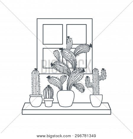 Cactus With  Potted On Shelf Isolated Icon Vector Illustration Design