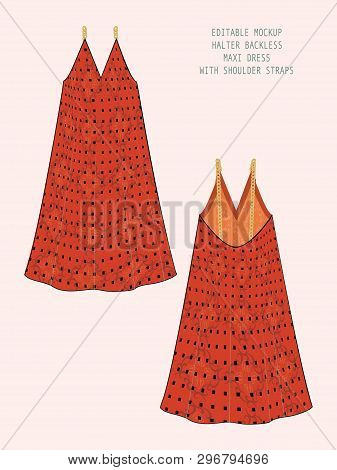 Editable Vector Mockup For Showcasing Fabric Pattern Design. Technical Illustration Of Deep V Neck B