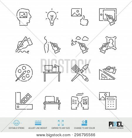 Vector Line Icon Set. Art, Design Related Linear Icons. Creativity Symbols, Pictograms, Signs. Pixel