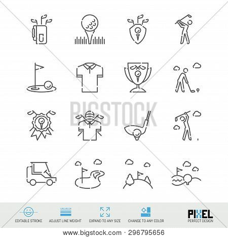 Vector Line Icon Set. Golf Related Linear Icons. Country Club Symbols, Pictograms, Signs. Pixel Perf