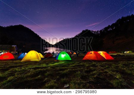 Night View Of Ranu Kumbolo Campsite.ranu Kumbolo Might Be One Of The Familiar Names, Especially For 