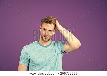 Beauty Care Advice Sportsman. Man With Bristle Satisfied Face In Sporty Wear Violet Background. Man 