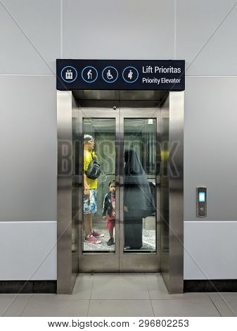 Jakarta, Indonesia - April 7, 2019: Some People Take Into The Priority Elevator At Bundaran Hi Mrt S