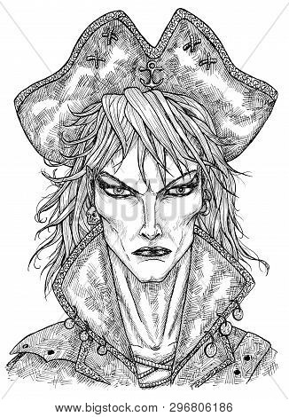 Handsome Pirate, Sea Captain Or Sailor Isolated On White. Hand Drawn Engraved Illustration Of Sailor