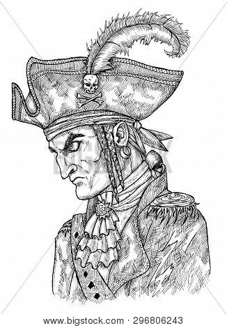 Hand Drawn Engraved Illustration Of Sailor, Seaman Or Seafarer In Old Vintage Style