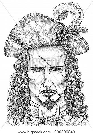 Pirate Captain Or Sailor With Scar In Hat Isolated On White. Hand Drawn Engraved Illustration Of Sai