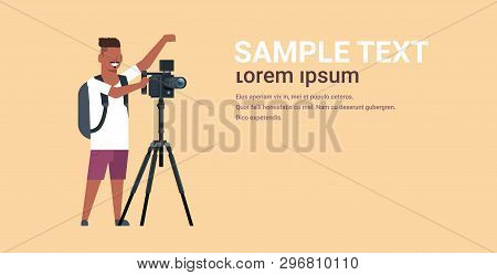 Professional Videographer Using Camera On Tripod African American Man Shooting Video On Steady Cam H