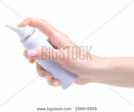 Sea Water For The Nose In Hand On White Background Isolation. Pharmacy And Medicine Concept