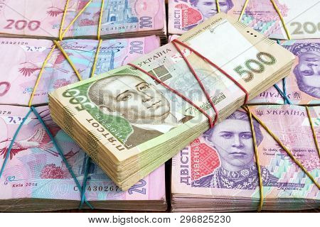 Stacks Of Ukrainian Hryvnia Uah Banknotes. The Money Of Ukraine.