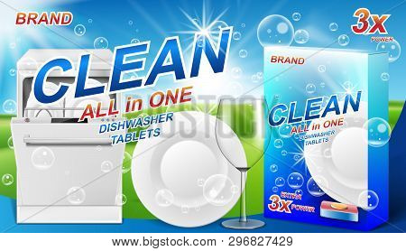 Dish Wash Soap Ads. Realistic Plastic Dishwashing Packaging With Detergent Gel Design. Liquid Soap W