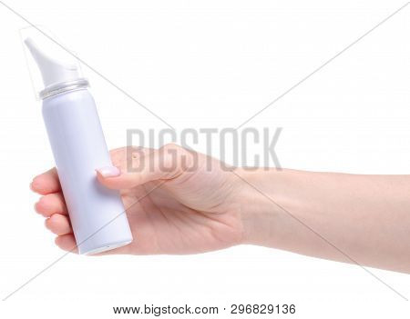 Sea Water For The Nose In Hand On White Background Isolation. Pharmacy And Medicine Concept