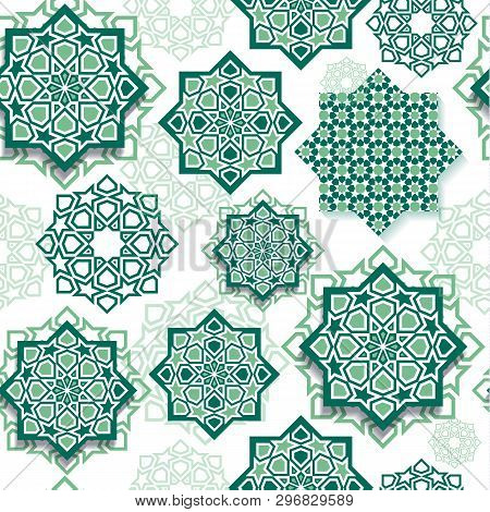 Festival Graphic Of Islamic Geometric Art. Seamless Pattern Decoration In Green. Eid Mubarak Celebra