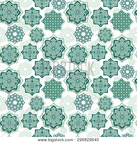 Festival Graphic Of Islamic Geometric Art. Seamless Pattern Decoration In Green. Eid Mubarak Celebra