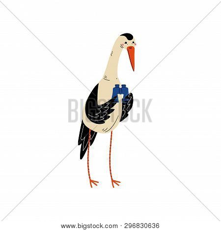 Crane With Binoculars, Bird Character Having Hiking Adventure Travel Or Camping Trip Vector Illustra