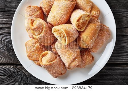Close-up Of Mini Pie One Bite Crescents Shape, Kifli, Rohalik With Apple Filling Served On A White P