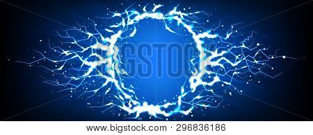 Lightning Effect Isolated On Dark Blue Background. Vector Illustration With Bright Thunderstorms And