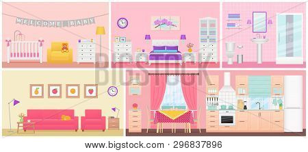Room Interiors. Vector. Living Room, Bedroom, Bathroom, Nursery, Kitchen, Dining Room In Flat Design