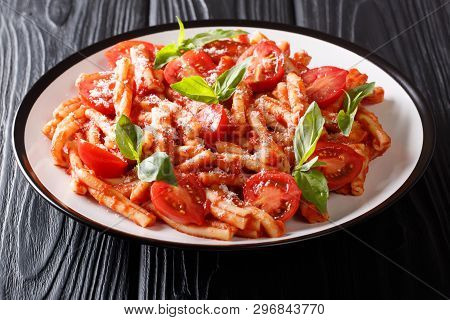 Portion Of Tasty Casarecce Pasta With Tomato Sauce, Cheese And Basil Close-up On A Plate. Horizontal