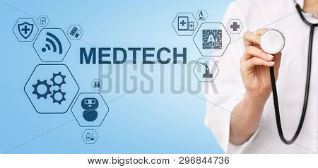 Medtech Medical Technology Information Integration Internet Big Data Concept On Virtual Screen. Doct
