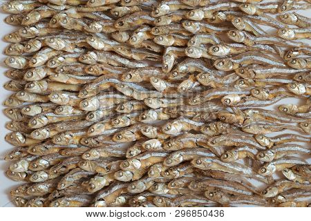 Plenty Of Small Dried Fish From Sea That Are Arranged In Group,top View Of Small Dried Fish Pattern,