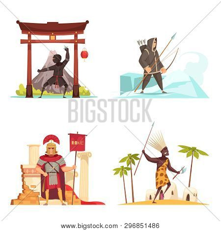 Ancient Warriors Concept Icons Set With National Weapons Flat Vector Illustration